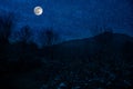 Mountain Road through the snowy forest on a full moon night. Scenic night winter landscape of dark blue sky with moon and stars Royalty Free Stock Photo