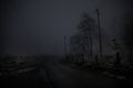 Mountain Road through the snowy forest on a full moon night. Scenic night winter landscape of dark blue sky with moon and stars Royalty Free Stock Photo