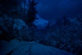 Mountain Road through the snowy forest on a full moon night. Scenic night winter landscape of dark blue sky with moon and stars Royalty Free Stock Photo