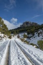 Mountain road to La Serrella (1.359 m) mountain in winter.