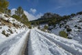 Mountain road to La Serrella (1.359 m) mountain in winter.