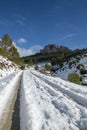 Mountain road to La Serrella (1.359 m) mountain in winter.