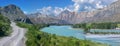 Mountain road in the valley of the Katun river, Altai, a panorama of the summer landscape. Royalty Free Stock Photo