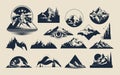 Mountain. Rock logo, hill Alps emblem, outline logotype, snow rocky top, label silhouette shape line, icon collection
