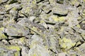 Mountain rocks with green lichens texture