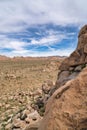 Mountain of rocks and vast arid desert landscape with Joshua tree plants Royalty Free Stock Photo