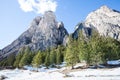 Mountain rocky landscape with fir wood forest and snow. Ortisei, Italy Royalty Free Stock Photo