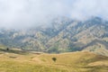 Mountain and savannah field with low cloud over hill. Rinjani mountain, Lombok island, Indonesia Royalty Free Stock Photo