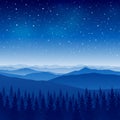 Mountain scene with coniferous forest on starry sky background - night landscape for poster and banner design Royalty Free Stock Photo