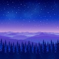 Mountain scene with coniferous forest on starry sky background - night landscape for poster and banner design Royalty Free Stock Photo