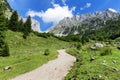 Mountain scene hiking in the Alps on a sunny day. Wilder Kaiser chain near Wochenbrunner Alm,Tyrol, Austria Royalty Free Stock Photo