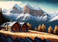 Mountain scene with a log home on the side of a rugged mountain, Generative AI Royalty Free Stock Photo