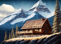 Mountain scene with a log home on the side of a rugged mountain, Generative AI Royalty Free Stock Photo