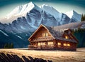 Mountain scene with a log home on the side of a rugged mountain, Generative AI Royalty Free Stock Photo