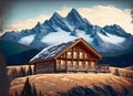 Mountain scene with a log home on the side of a rugged mountain, Generative AI Royalty Free Stock Photo