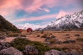 Mountain scene with view on Ball Hut during sunset with snowy mountain range near Mount Cook Royalty Free Stock Photo