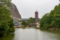 Mountain scenery and ancient Chinese buildings in Guilin, Guangxi, China Royalty Free Stock Photo