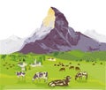 Mountain scenery with cattle on the alpine pasture illustration,