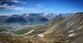 Landscape with snow and Khibiny mountains near Kirovsk, Russia, June 2019