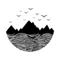 Mountain and sea black on white. Wanderlust adventure travel circle icon with birds. Vector illustration.