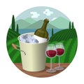 Mountain And Sea Landscape With Vineyards, Bottle In Wine Cooler And Two Filled Wine Glasses. Vector Cartoon Round Illustration
