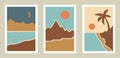 Mountain and sea wall art vector set. Brown tones landscapes, modern wallpaper. Middle East backgrounds collection with sky, sand