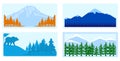 Mountain set, outdoor nature landscape, tourism graphics, silence nature banner, design, in cartoon style vector Royalty Free Stock Photo