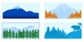 Mountain set, outdoor nature landscape, tourism graphics, silence nature banner, design, in cartoon style vector Royalty Free Stock Photo