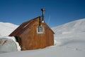 Mountain shack in winter snow