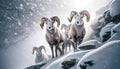 Mountain Sheep Herd Rams Bighorn Winter Wilderness Wildlife Snowy Rocky Mountains Canada AI Generated