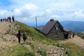 Tourist in mountain shelter, Bieszczady Mountains, Poland