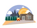 Mountain Side Summer Landscape With House, Woods an Red Car in Flat Design.