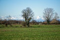 Mountain Sight Landskape and green field, clear blue sky. Royalty Free Stock Photo