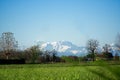 Mountain Sight Landskape and green field, clear blue sky Royalty Free Stock Photo