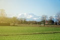 Mountain Sight Landskape and green field, clear blue sky Royalty Free Stock Photo