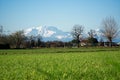 Mountain Sight Landskape and green field, clear blue sky Royalty Free Stock Photo