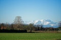 Mountain Sight Landskape and green field, clear blue sky Royalty Free Stock Photo