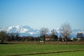 Mountain Sight Landskape and green field, clear blue sky Royalty Free Stock Photo