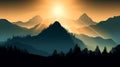 Mountain Silhouette with Sunburst