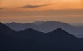 Mountain silhouettes during sunset from Jochberg Walchensee, Bavaria Germany