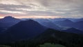 Mountain silhouettes during sunrise from Jochberg Walchensee, Bavaria Germany