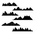 Mountain silhouettes overlook. Vector rocky hills terrain vector, mountains silhouette set isolated on white background Royalty Free Stock Photo