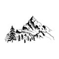 Mountain sketch. Hand drawn black mountains and forest, isolated on white. Vector