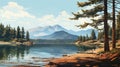 Mountain Sketch Of Pine Trees Along Water