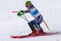Mountain skier skiing down mount. Russian Alpine Skiing Championship, slalom