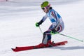 Mountain skier skiing down mount. Russian Alpine Skiing Championship, slalom