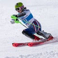 Mountain skier skiing down mount. Russian Alpine Skiing Championship, slalom