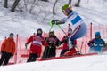 Mountain skier skiing down mount. Russian Alpine Skiing Championship, slalom