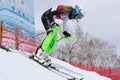 Mountain skier skiing down mount slope. Russian Alpine Skiing Championship, slalom