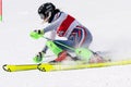 Mountain skier skiing down mount slope. Russian Alpine Skiing Championship, slalom